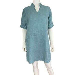 Lisa Bayne 100% Linen Tunic Dress XS Blue Bias Cut Puff Sleeve Pocket Lagenlook